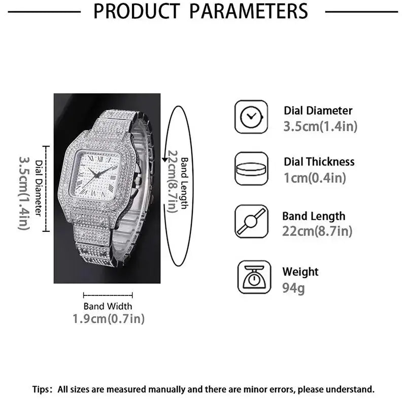 Luxury diamond watch with silver-tone pave rhinestones on bracelet and rectangular dial.