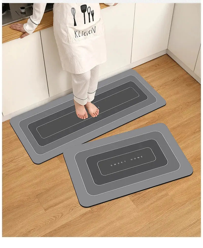 Diatomite kitchen door mats, set of 2 waterproof anti-slip gray mats with concentric border patterns