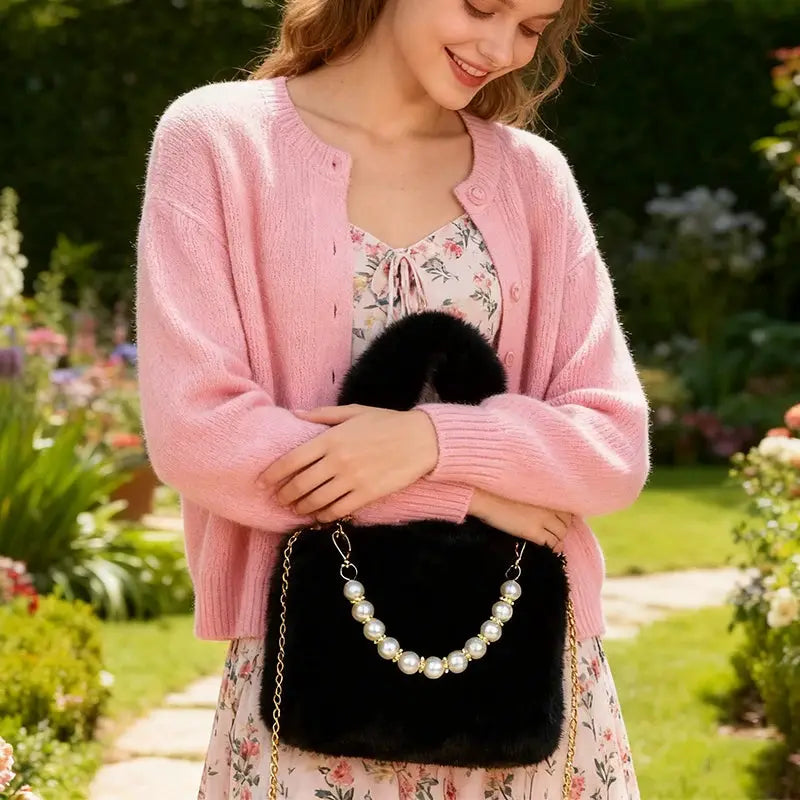 Fashionable pearl rabbit fur handbag with pearl bead chain handle, black fur crossbody bag