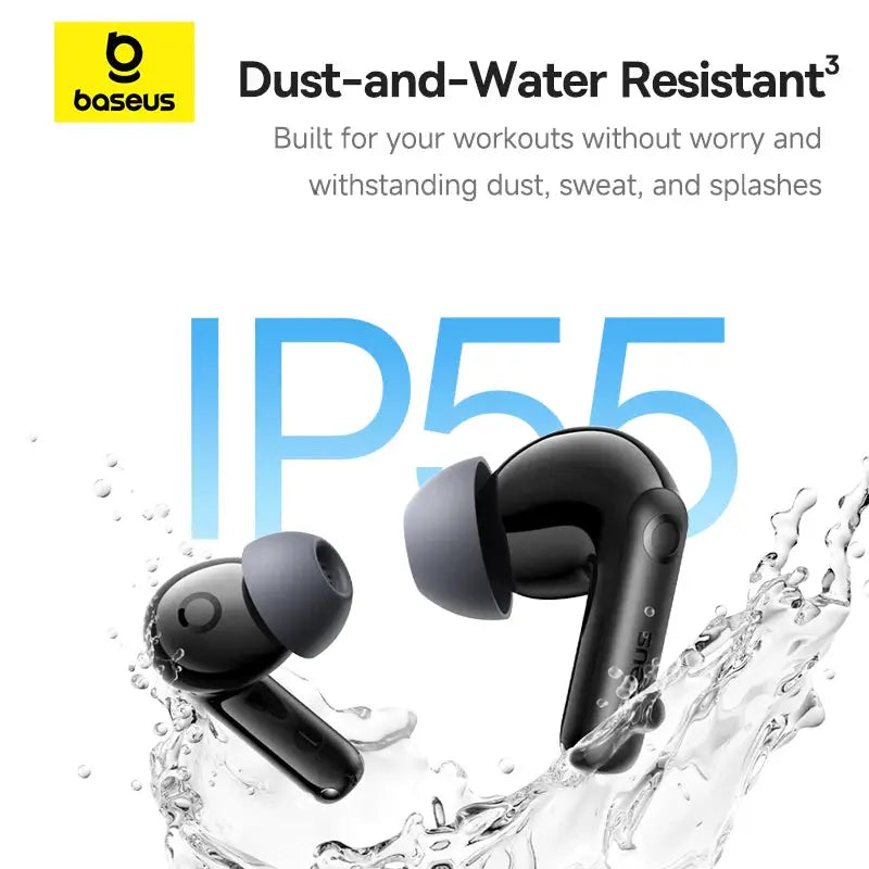 Baseus BP1 Pro wireless earbuds, black with gray silicone tips, IP55 dust/water resistant pair