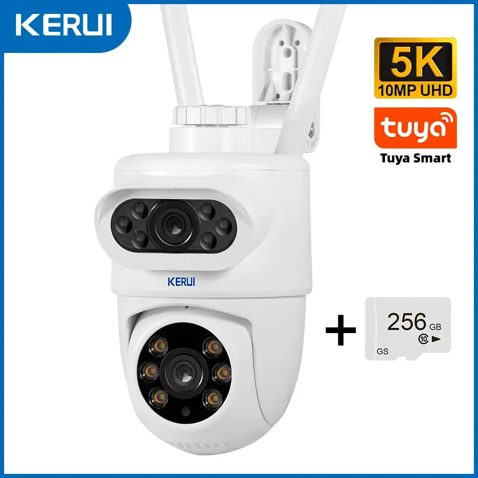 KERUI white outdoor 10MP 5K dual-lens WiFi PTZ security camera and 256GB microSD card with Tuya Smart