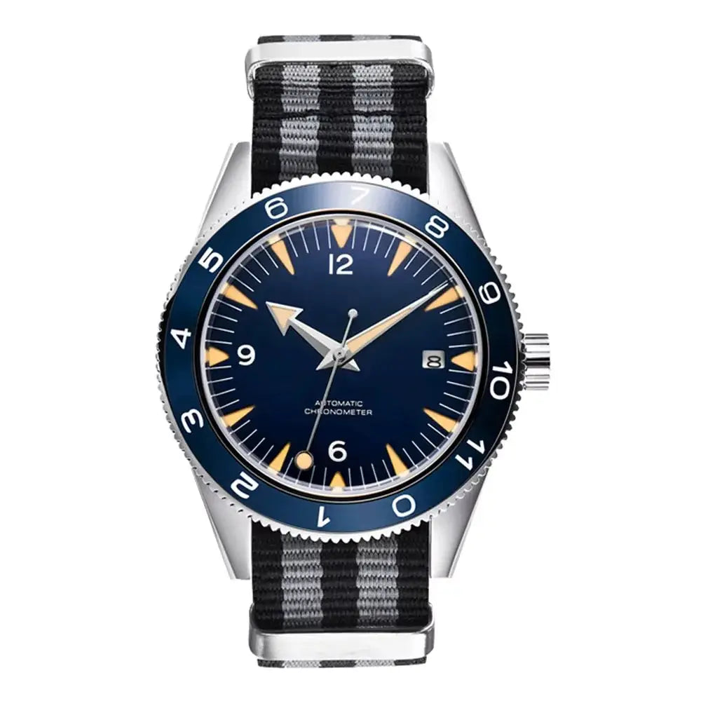 Men's 41mm automatic watch with blue dial, sapphire glass, luminous hands, blue bezel, nylon strap