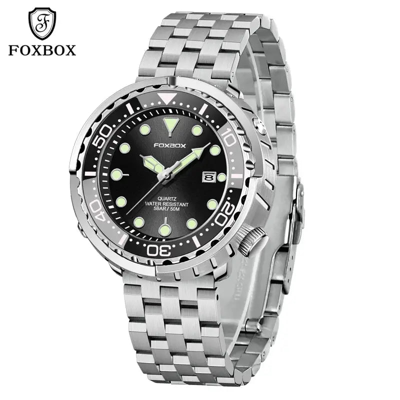 FOXBOX quartz men's sport watch with stainless steel bracelet, black dial, luminous markers, steel bezel and date