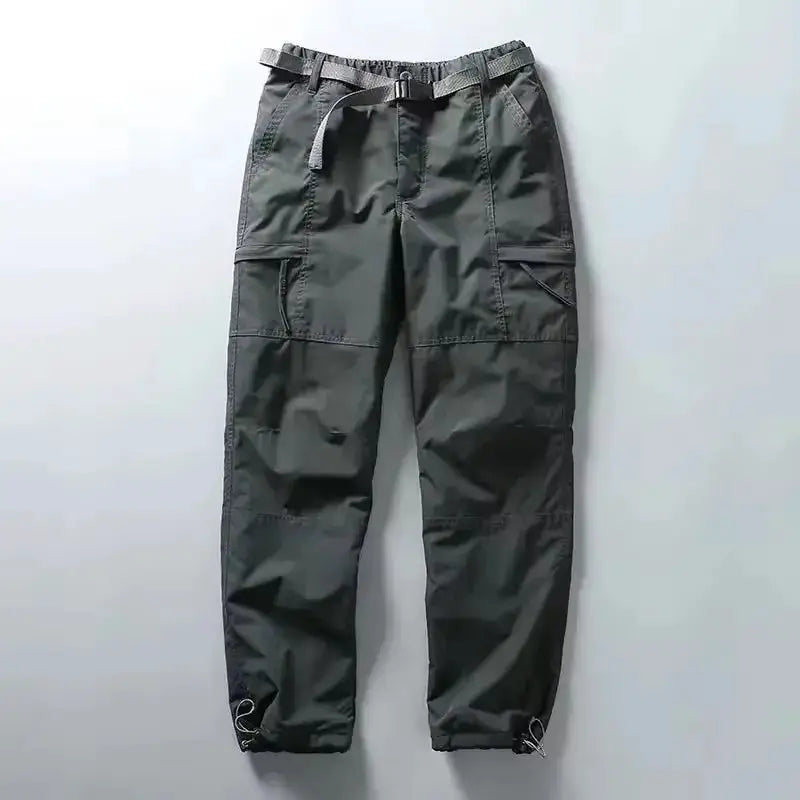 Tooling cargo pants by Simples Market, dark olive-gray waterproof fleece, multi-pocket outdoor trousers with belt