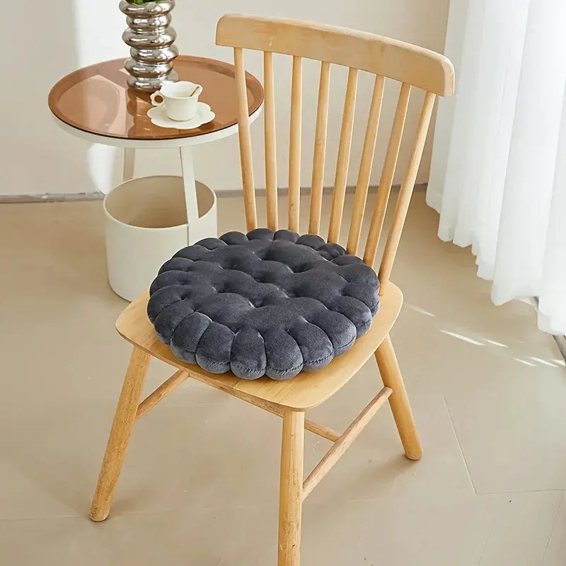Large biscuit-shaped plush chair cushion in dark gray, tufted round seat pad for wooden chair