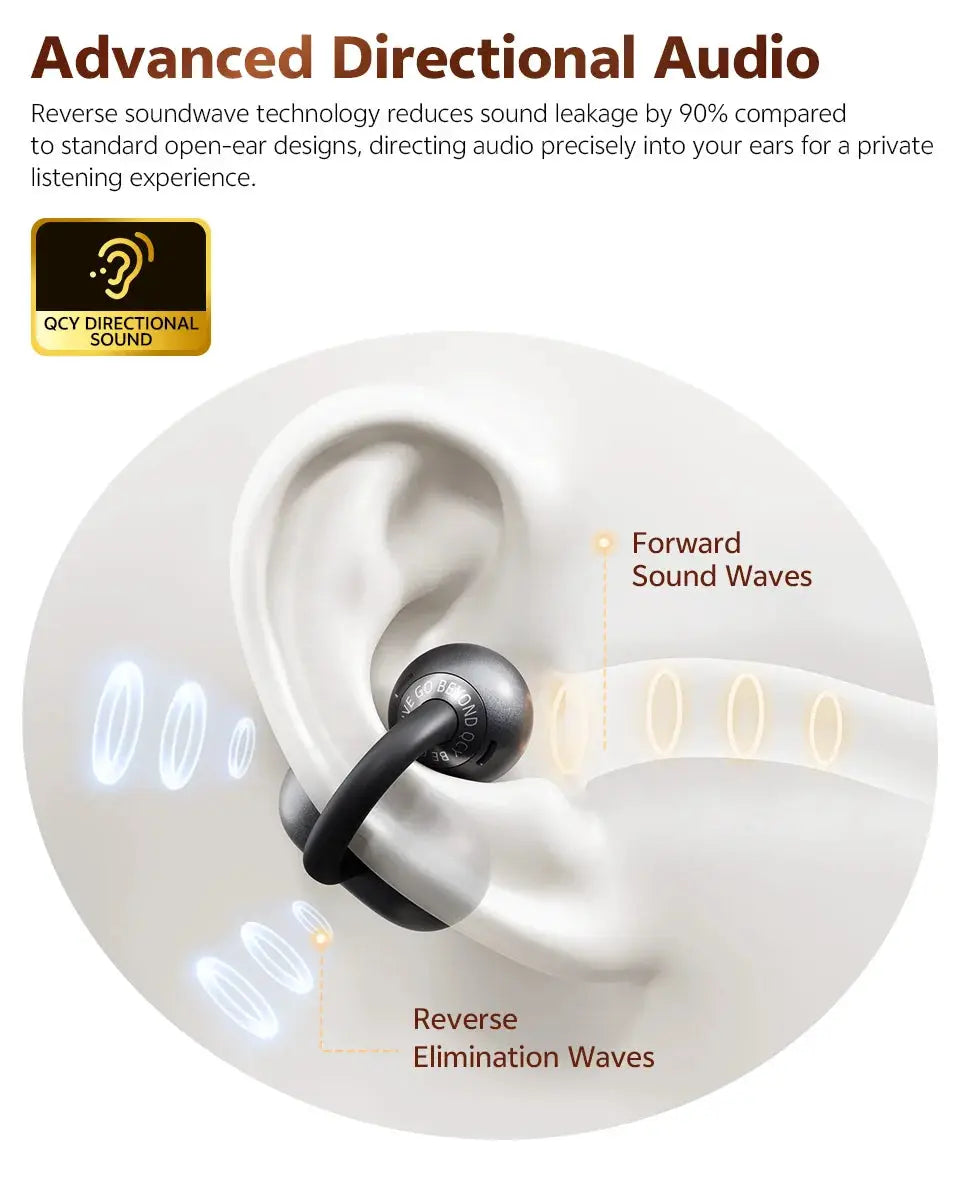 QCY Crossky C50 open-ear wireless earbuds; black clip-on design with directional sound badge