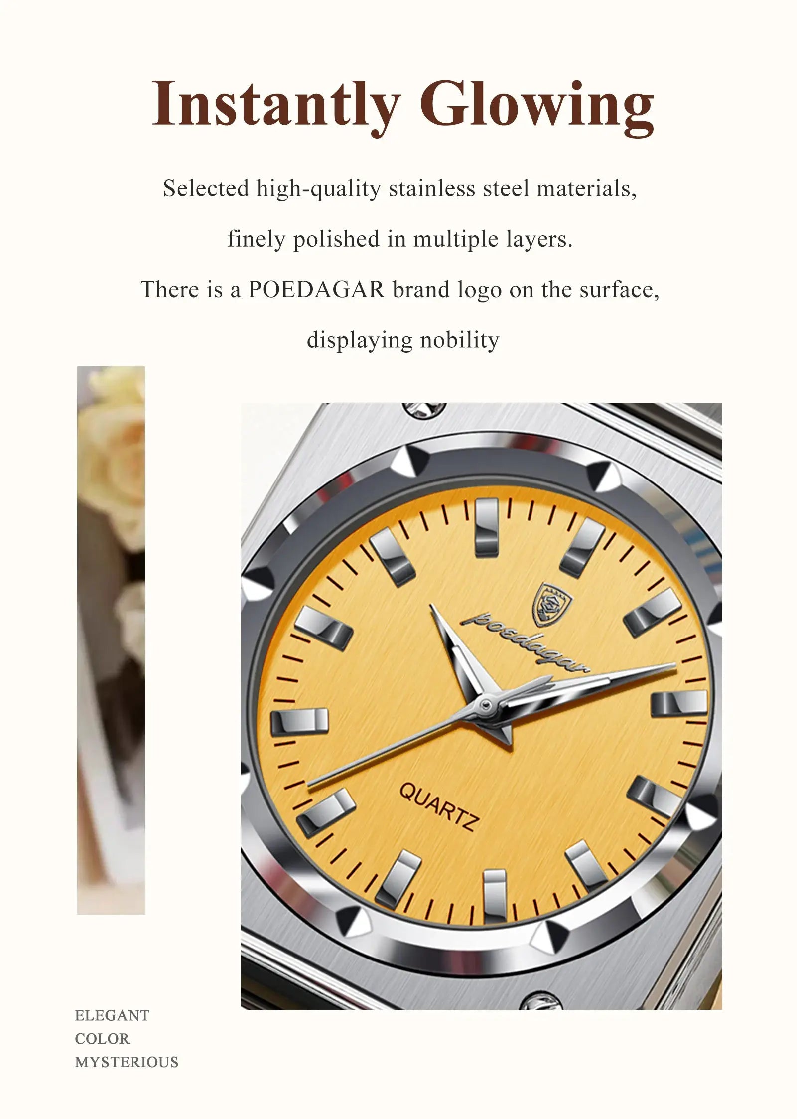 POEDAGAR ladies wristwatch with orange dial, stainless steel case, quartz movement