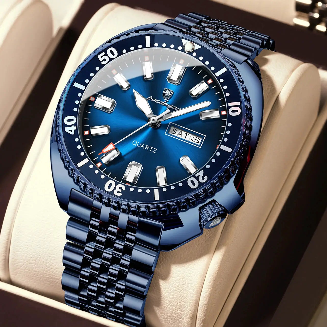 POEDAGAR luxury men's stainless steel wristwatch with blue dial and day-date window