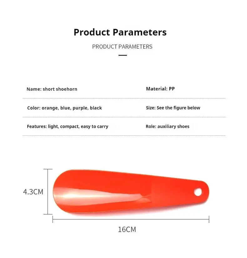 Shoe horn, orange plastic, short-handle, 16 cm, PP material, Simples Market