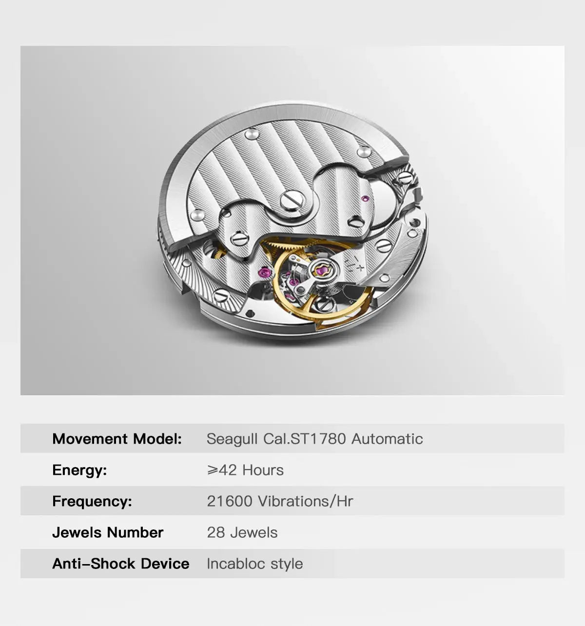 Seagull Cal.ST1780 Automatic watch movement with silver gears and gold balance wheel