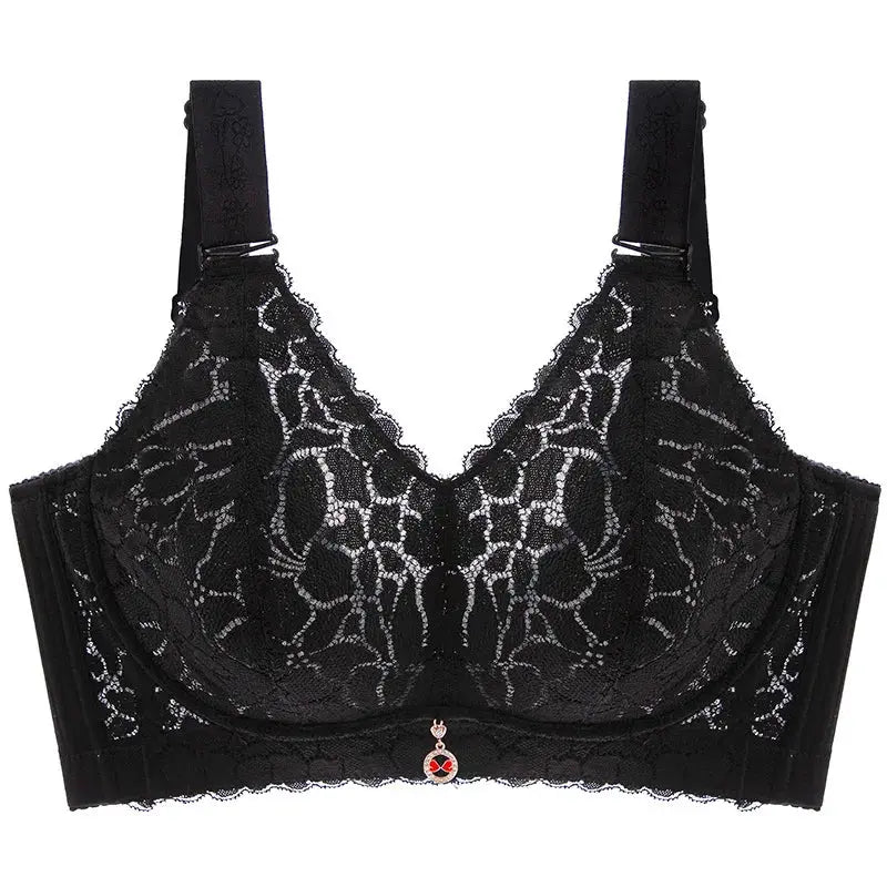 Black lace full-cup wireless bra by Simples Market with adjustable straps and center charm.