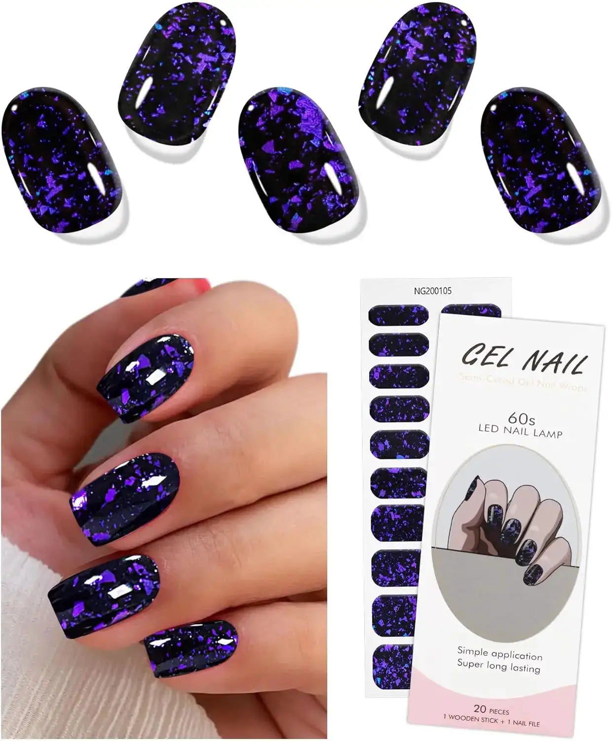 Gel nail wraps set by Simples Market; 20-piece purple-black speckle full-cover stickers for DIY manicure