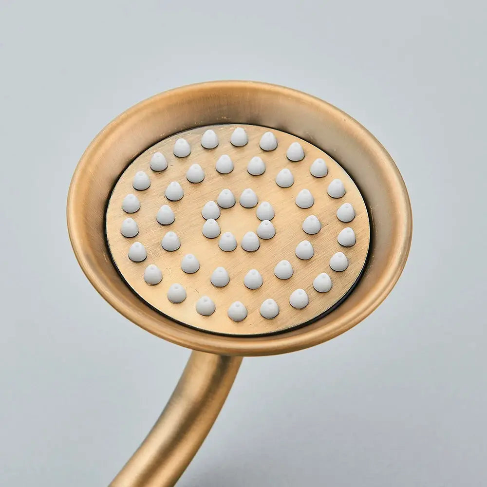 Antique brass handheld shower head with white silicone nozzle tips.