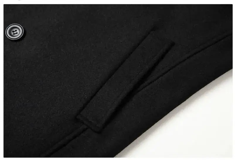 Men's black double-breasted wool coat with belt strap and button detail.