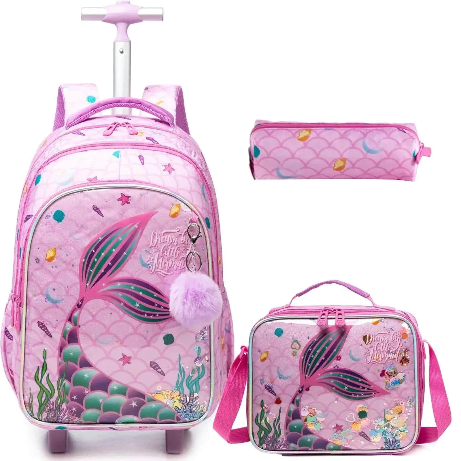 Children's two-piece pink mermaid-pattern wheeled backpack and lunch bag set by Simples Market
