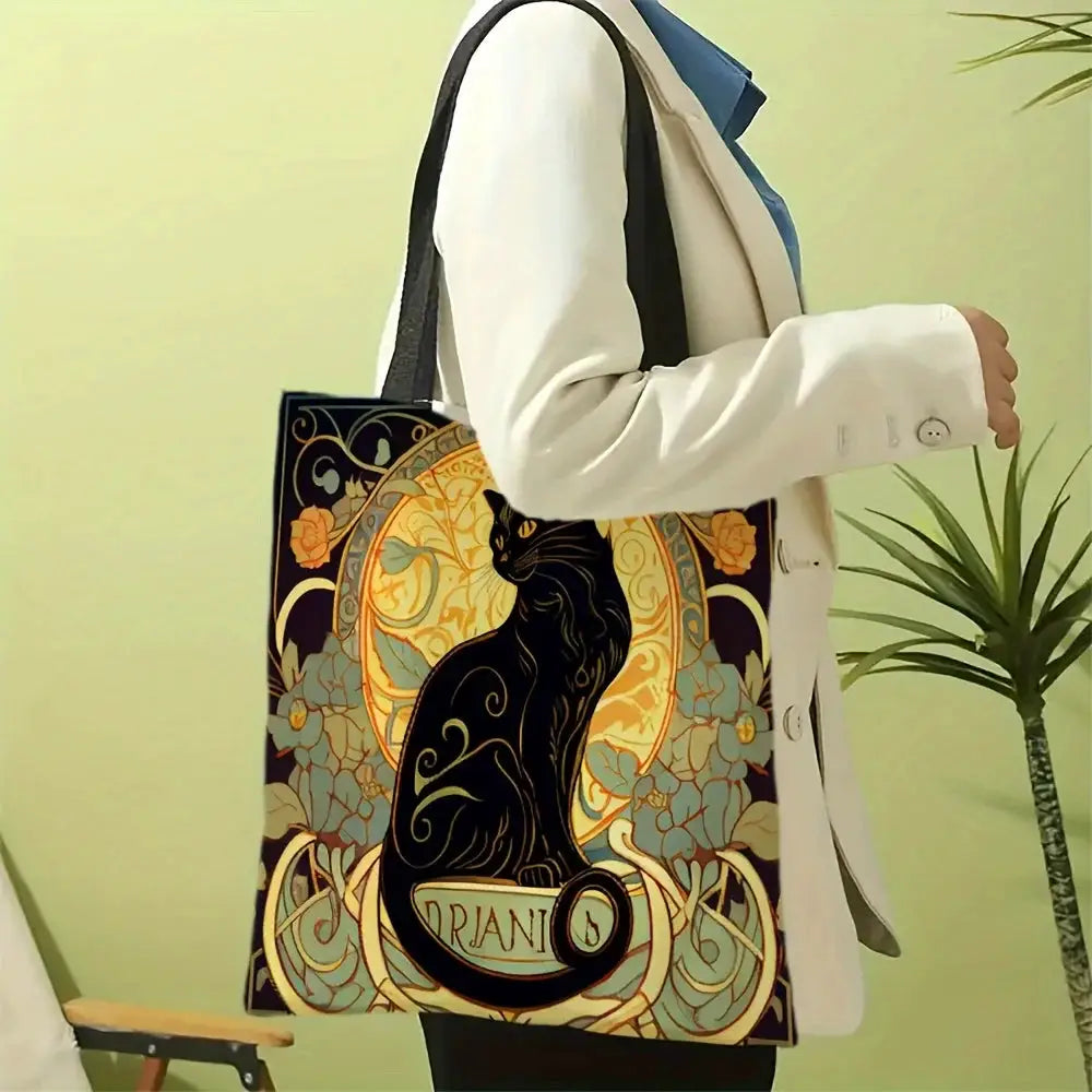 Retro Art Noble Black Cat Linen Tote Bag Lightweight Shoulder Tote For Daily Use