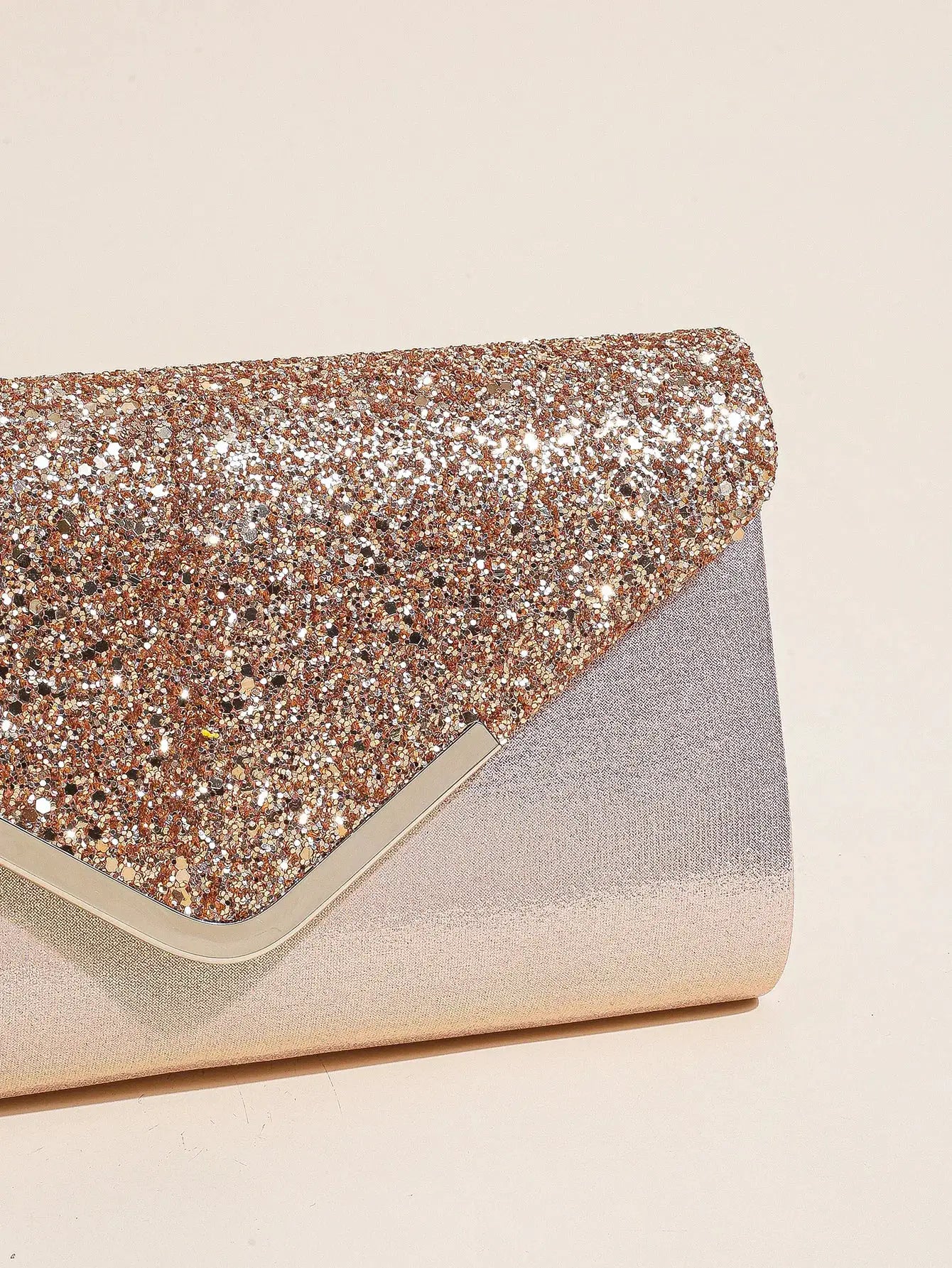 Women sequin envelope clutch by Simples Market; rose-gold glitter purse with metal frame