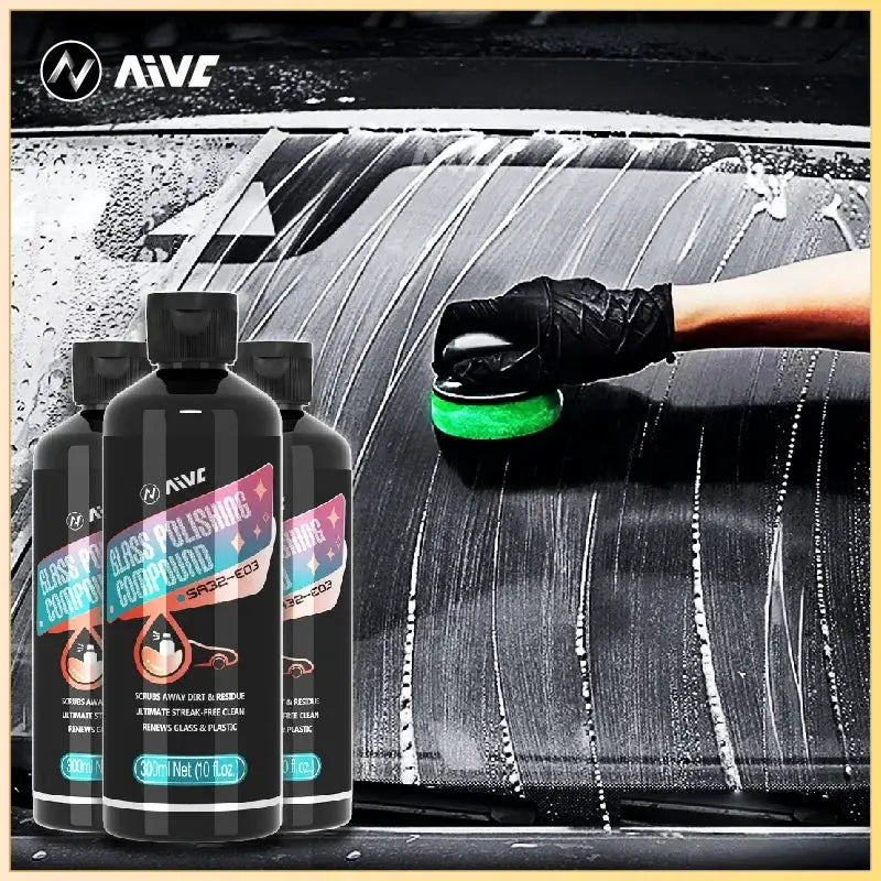 AIVE glass polishing compound set for auto windshield cleaning; three black bottles with teal labels beside a car window