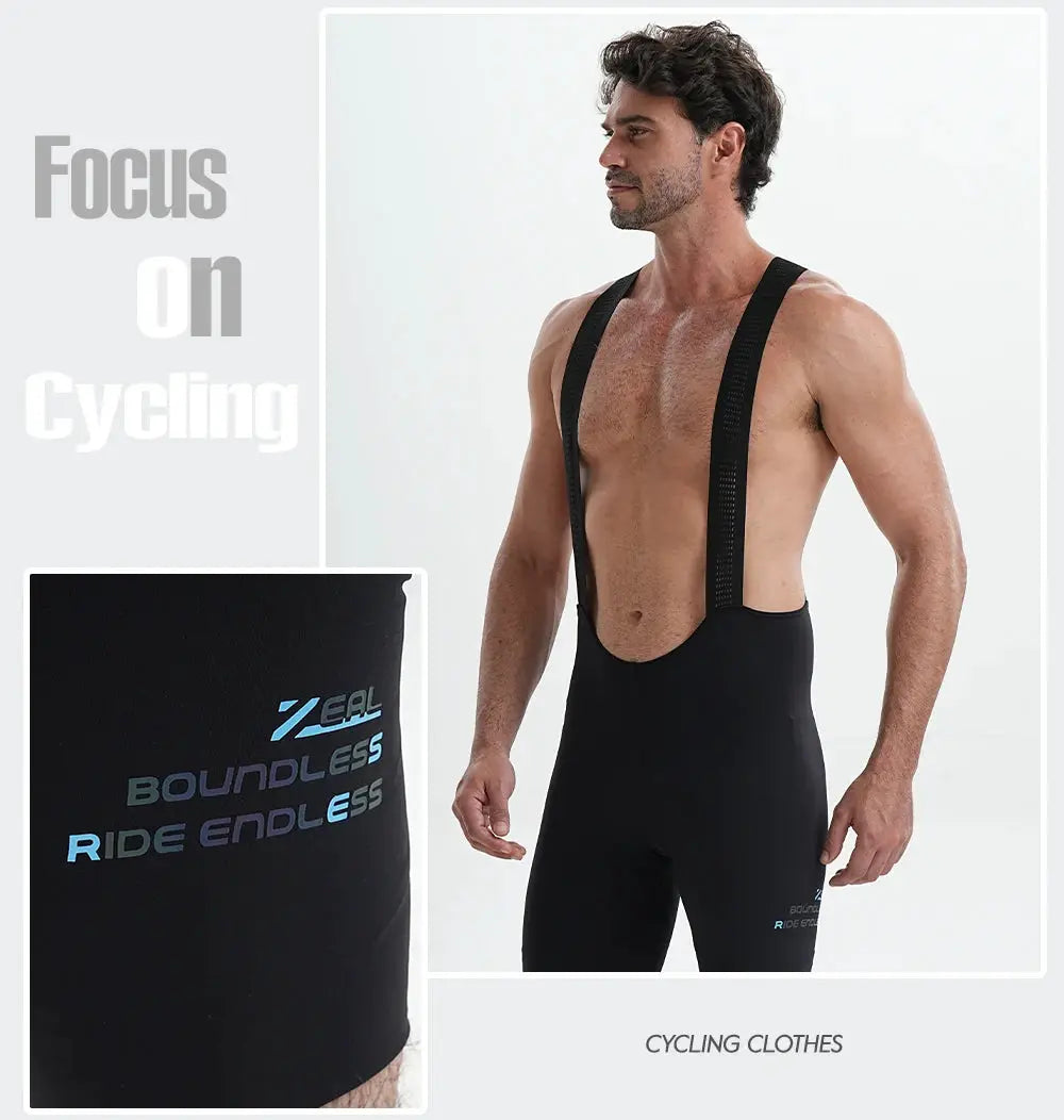 Men's black cycling bib shorts with shoulder straps, padded for long rides
