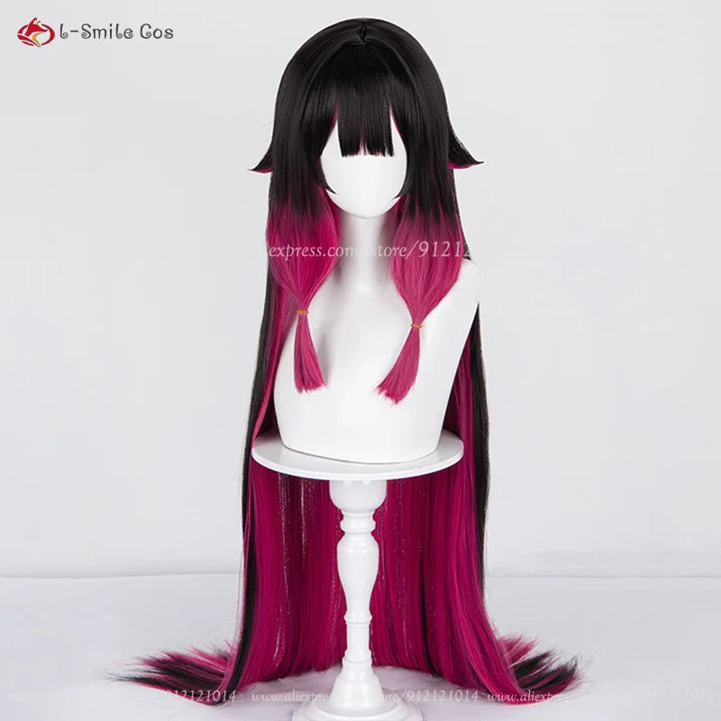 Columbina Fatui cosplay wig: black-to-pink gradient, twin pink-ends, heat-resistant synthetic hair with wig cap.