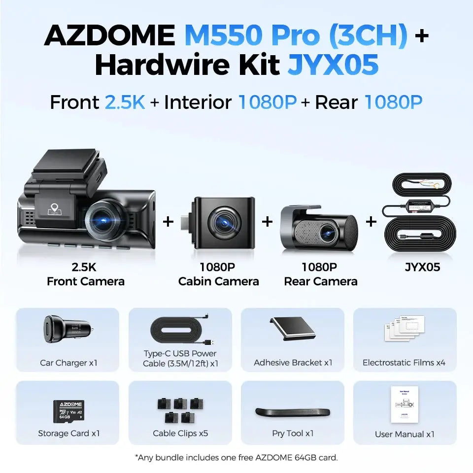 AZDOME M550 Pro dash cam kit with 2.5K front and 1080P cabin/rear cameras