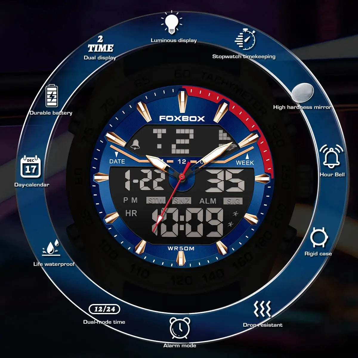 FOXBOX luxury digital men's wristwatch, blue dial, analog-digital display, 30m water resistant