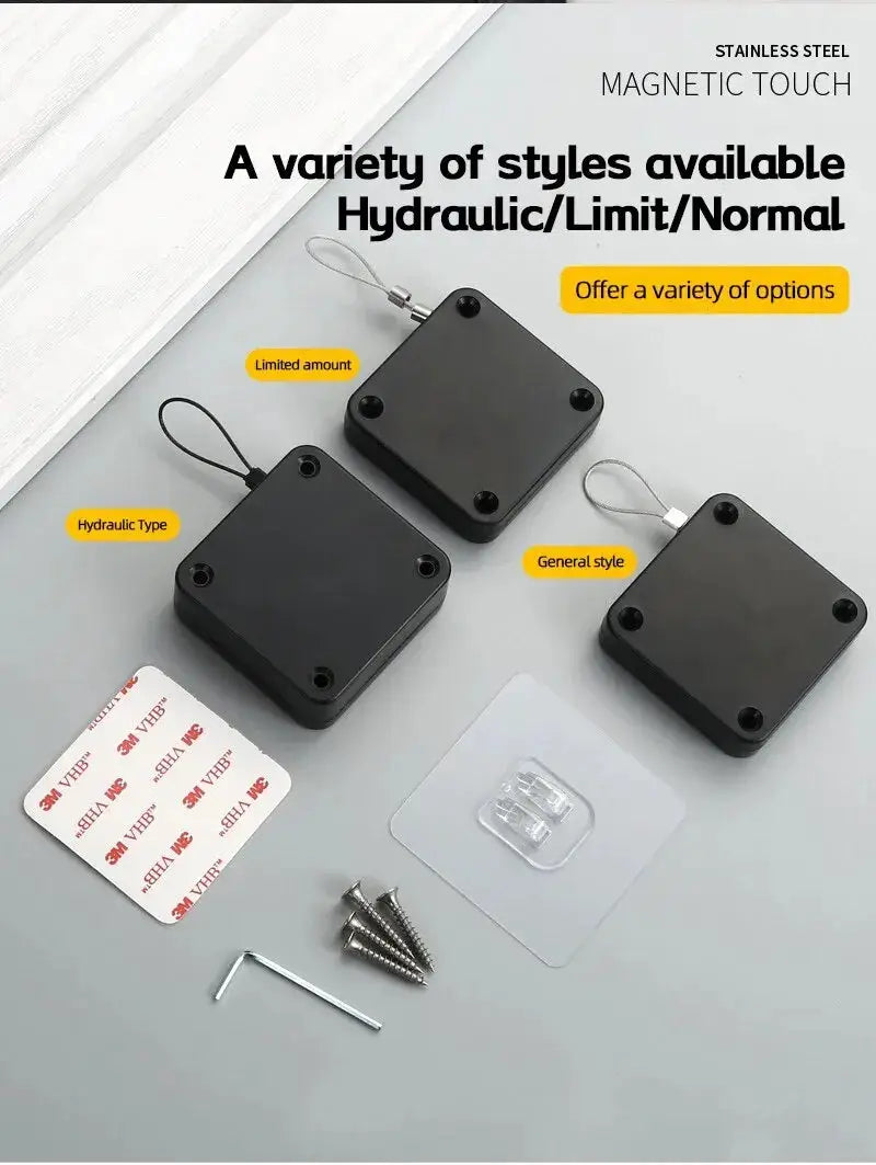 Automatic drawstring door closer for sliding doors, black plastic, 3-pack with screws and adhesive pads