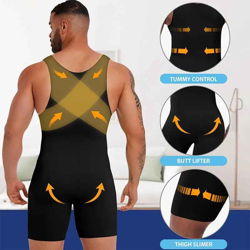 Men's full-body shaper sleeveless compression bodysuit in black with tummy control, butt lifter, and thigh slimmer