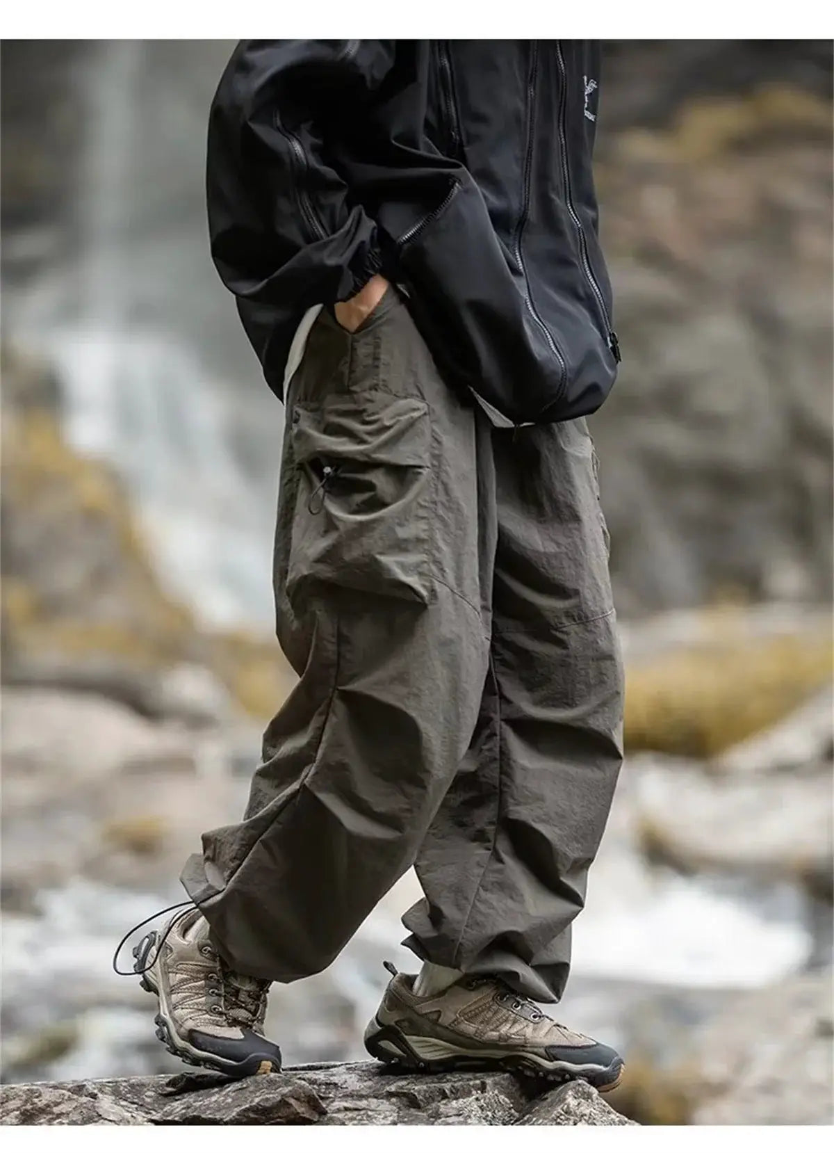Men's cargo hiking pants, olive-gray, waterproof outdoor work pants