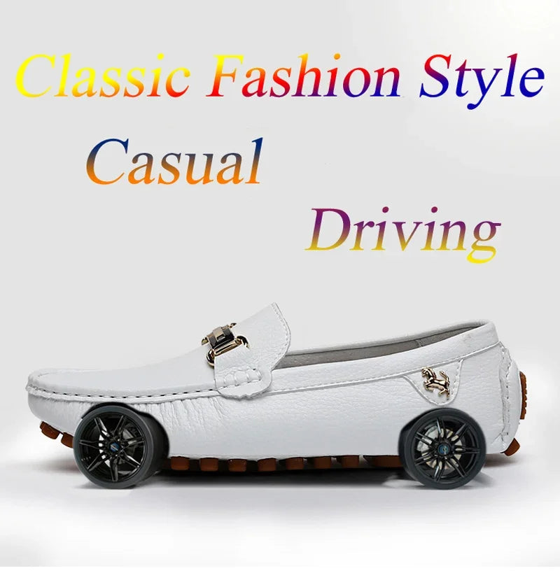 YRZL men's white PU leather driving loafer with gold buckle accent