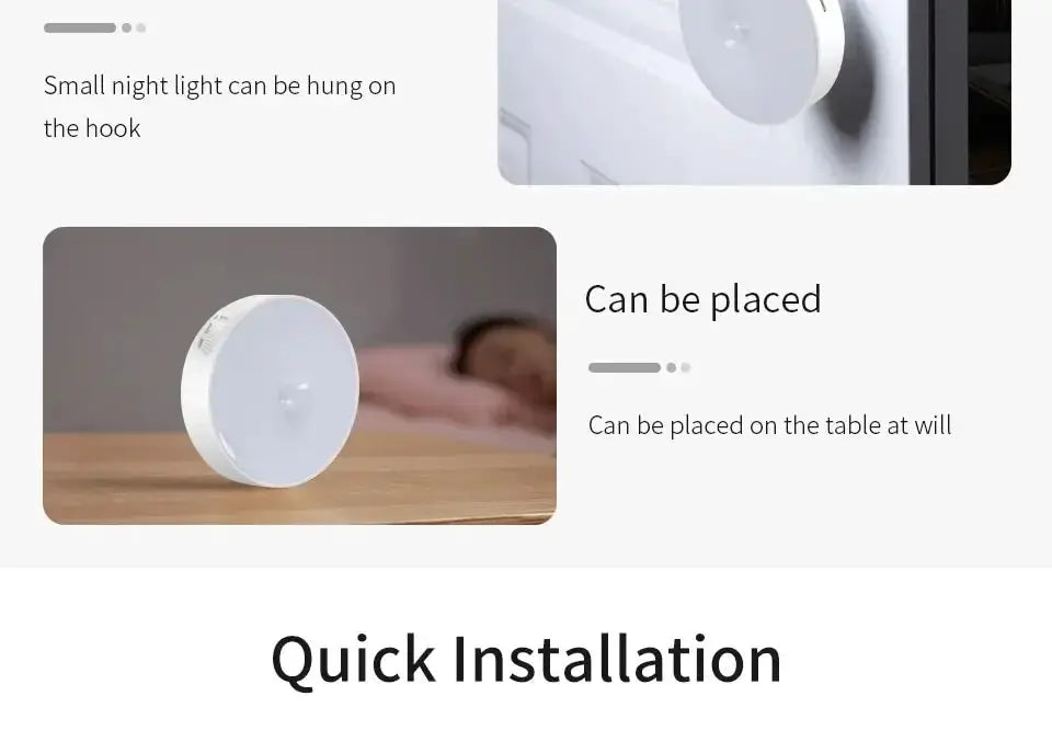 LED motion sensor night light, round white USB rechargeable lamp for kitchen cabinets, wardrobes and stairs
