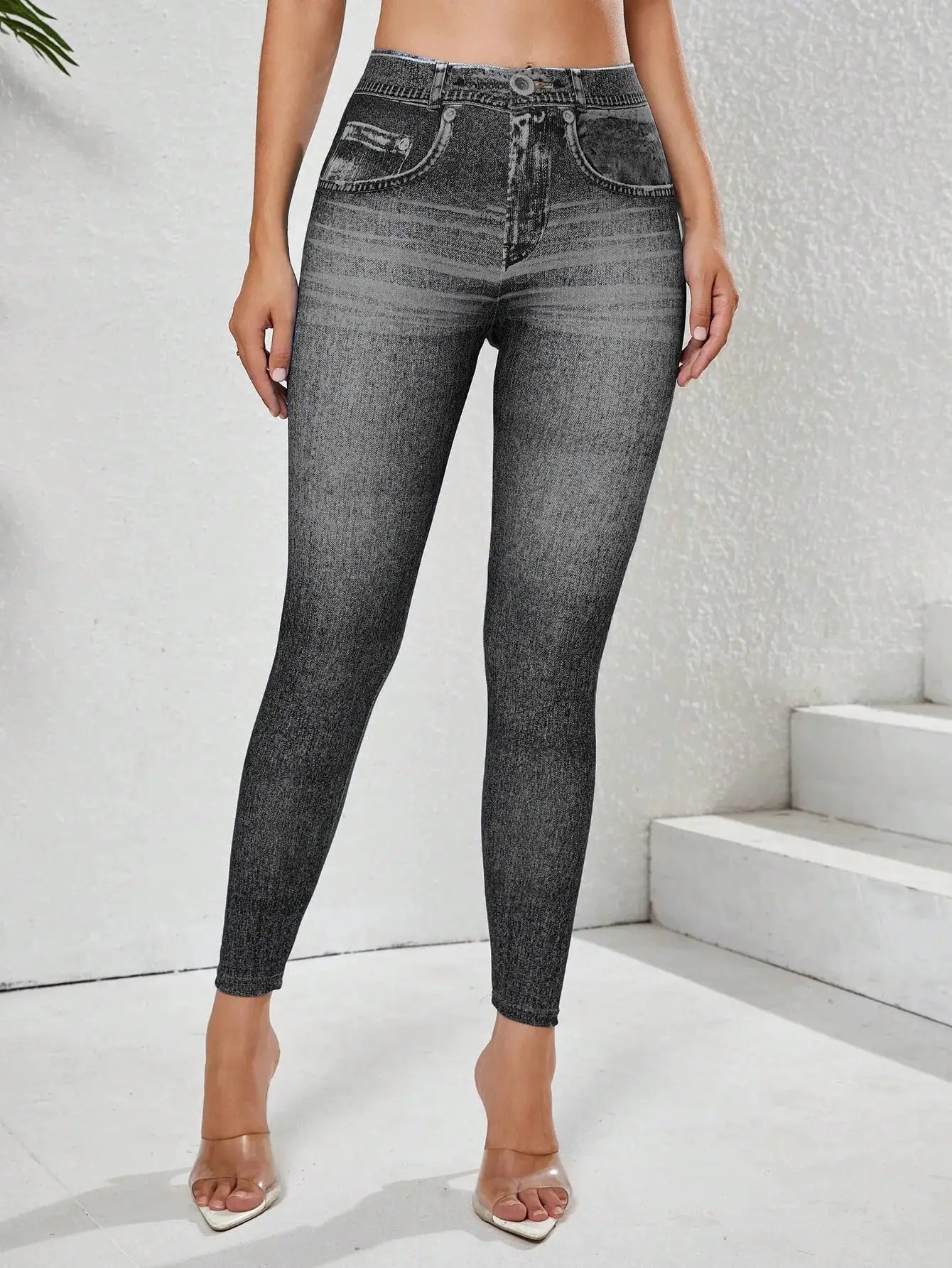 Women's imitation denim leggings with pockets, high-waisted and stretchy with tummy-control, gray denim look