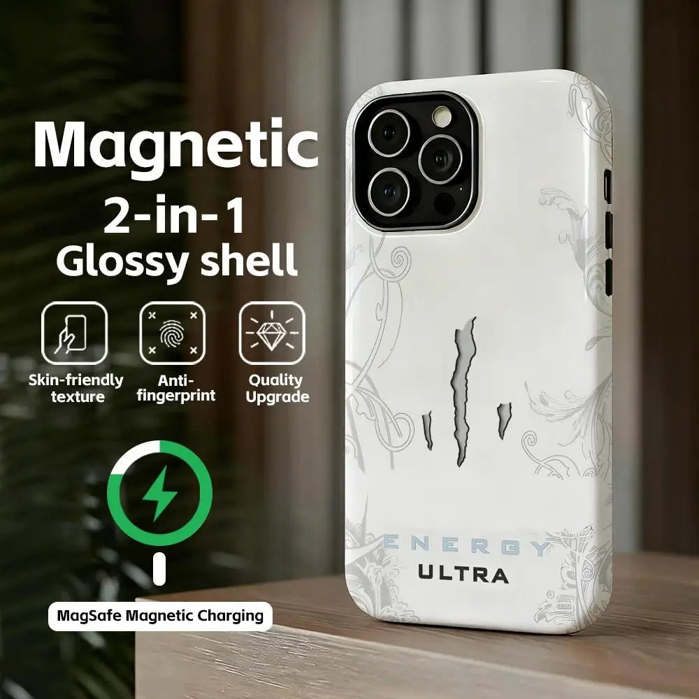 M-MonsterES magnetic 2-in-1 glossy phone case for iPhone 11–17 Pro Max; white with energy-drink graphic