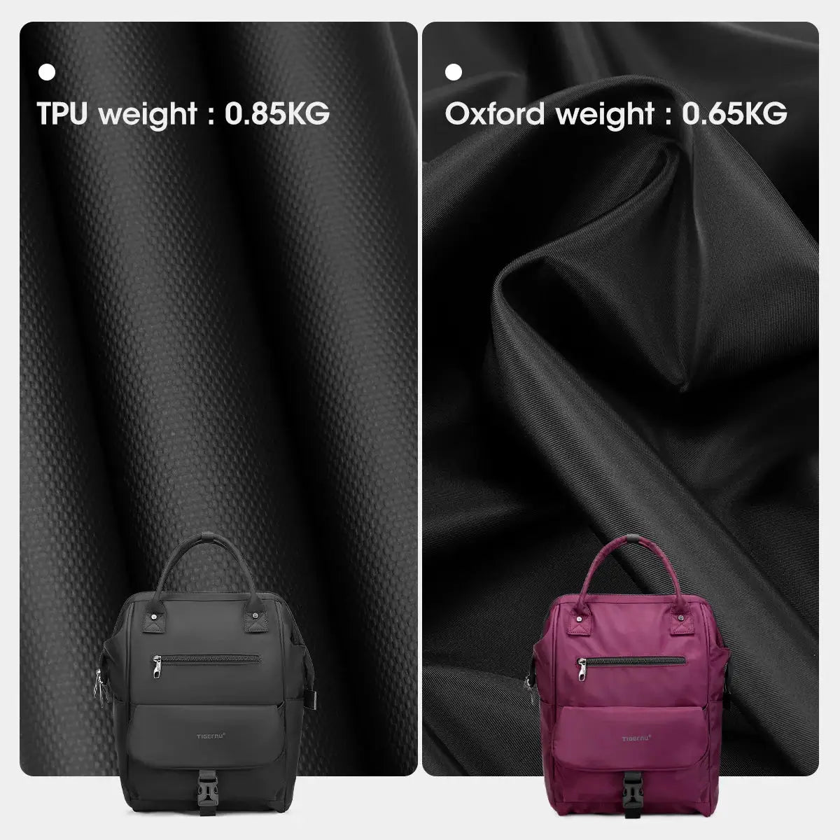 Two Tigernu ladies casual backpacks in black and magenta; splashproof TPU fabric, lightweight travel and school bags