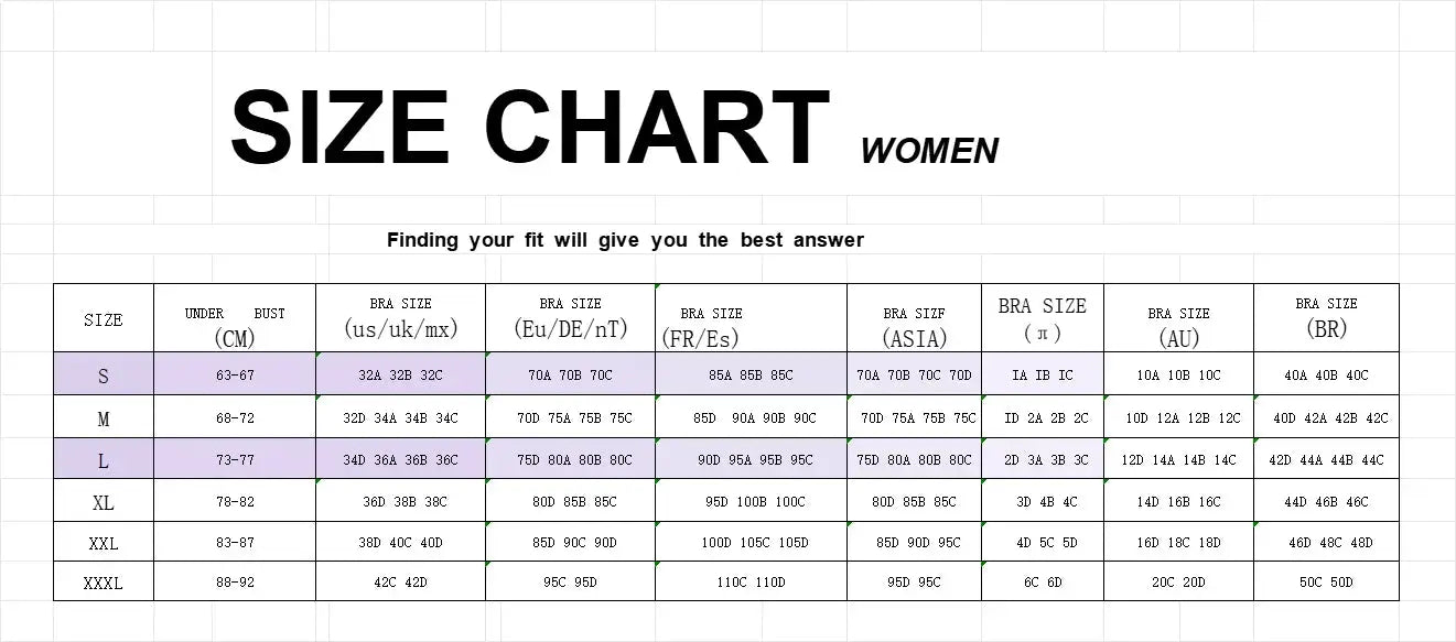 Lingerie size chart for Simples Market; women's S–XXXL with under-bust, bust and regional bra size columns.