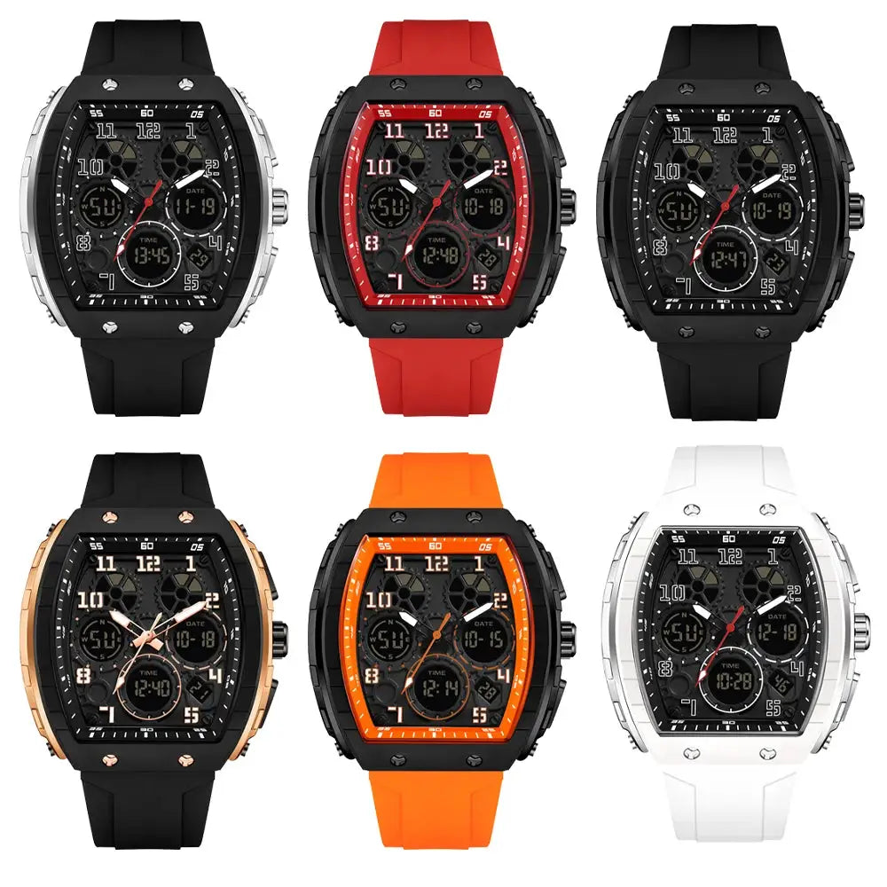 SANDA Tonneau Dial Digital Watch for Men Military Sport Dual Time Analog Digital LED Waterproof Wrist Clock