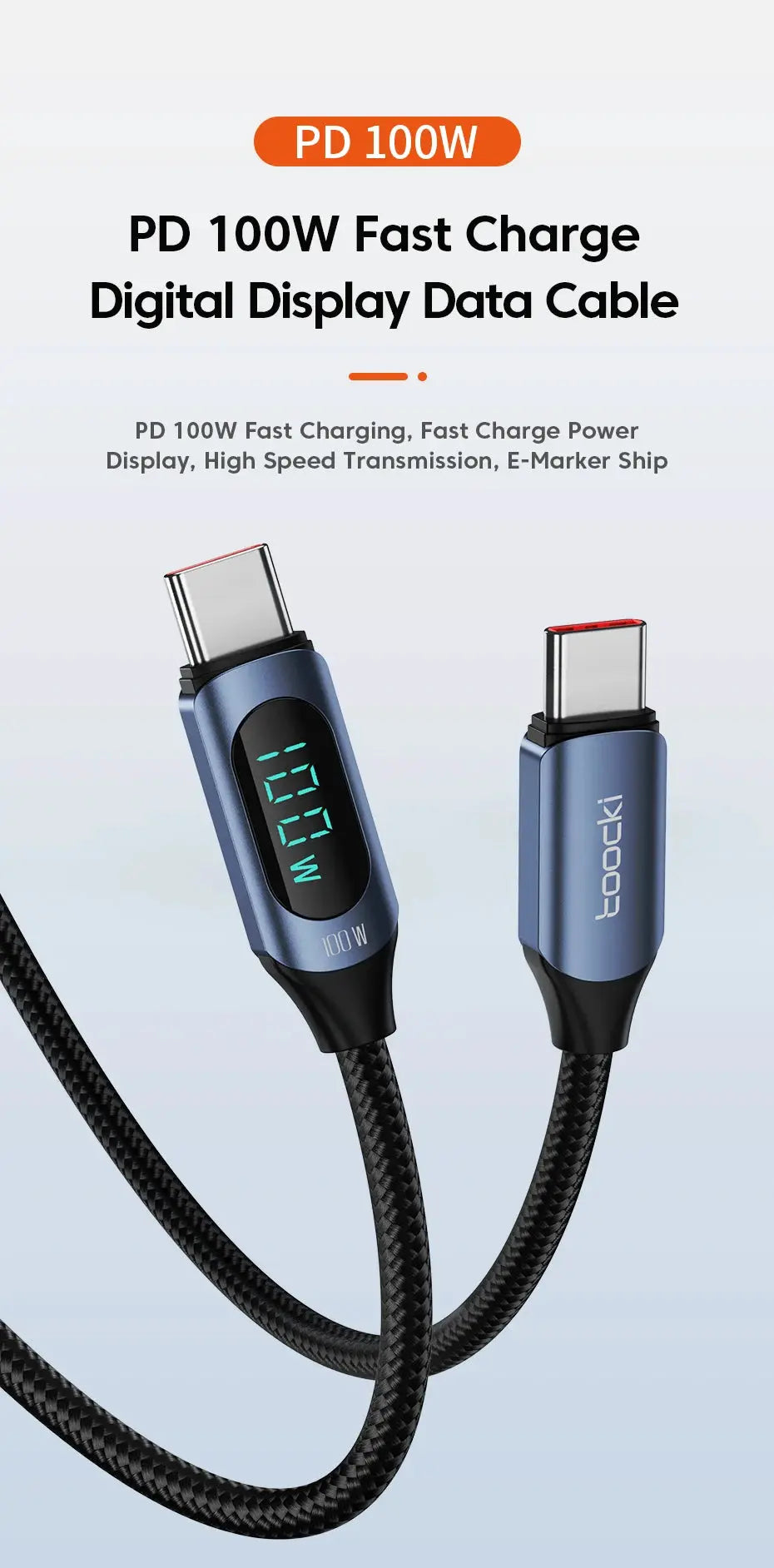 Toocki Type-C to Type-C 100W PD display cable, braided black with blue connectors and LookKi branding