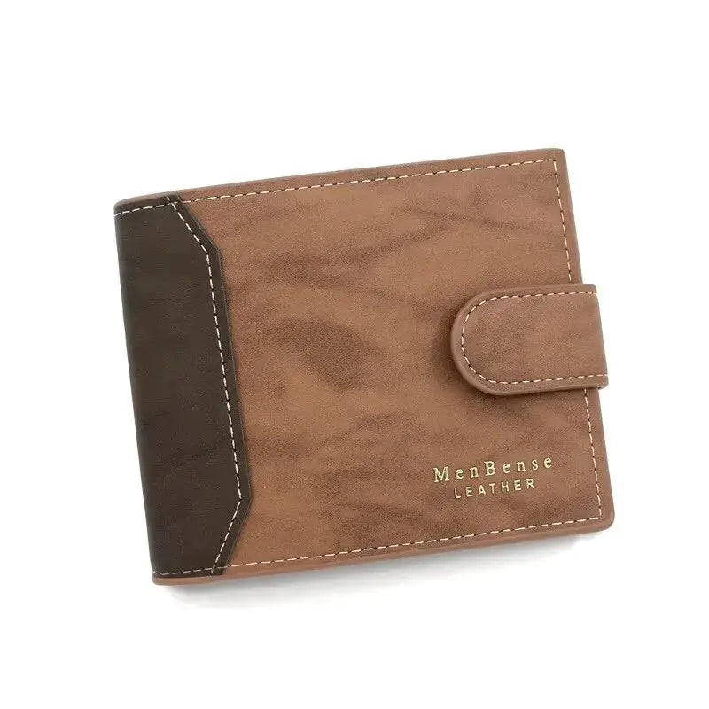 Men's two-tone brown PU leather wallet with snap strap and dark side panel; MenBense Leather branding.