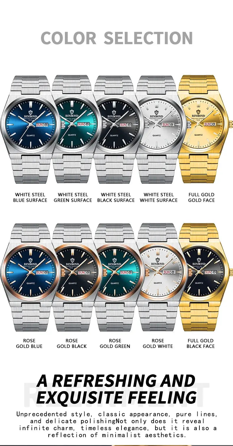 BINBOND men's quartz wristwatch collection in stainless steel, waterproof with luminous calendar, 10 color options.