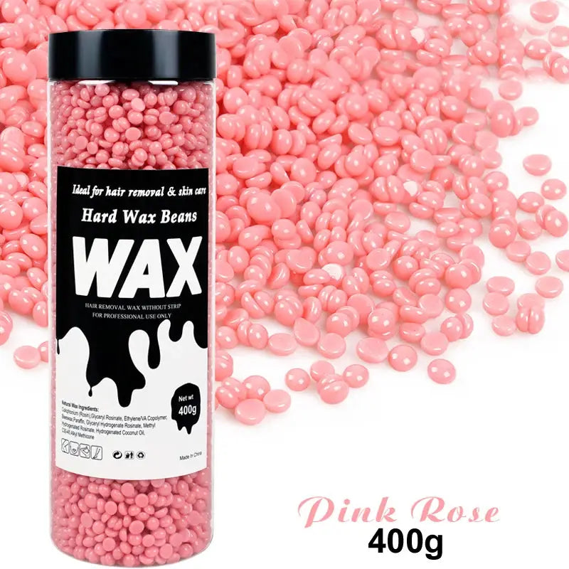 Pink hard wax beads in a 400g bottle for waxing by Simples Market