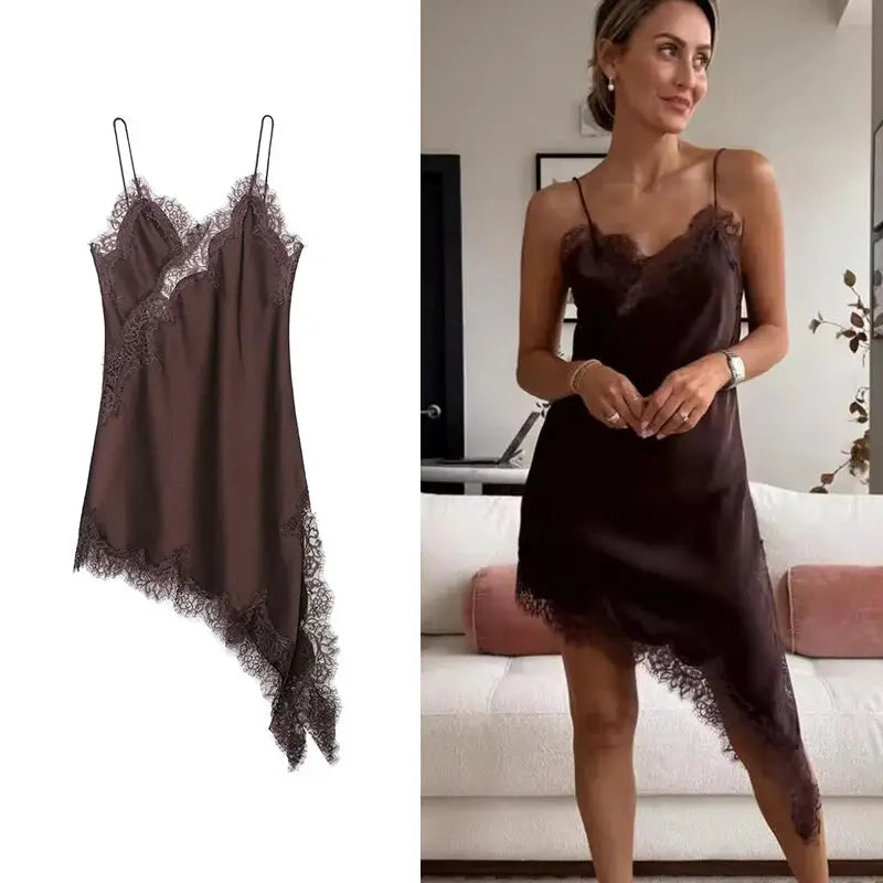 TFMLN Women Sexy Lace Splicing Dresses Slimming Silhouette With Asymmetrical Neckline And Backless Design