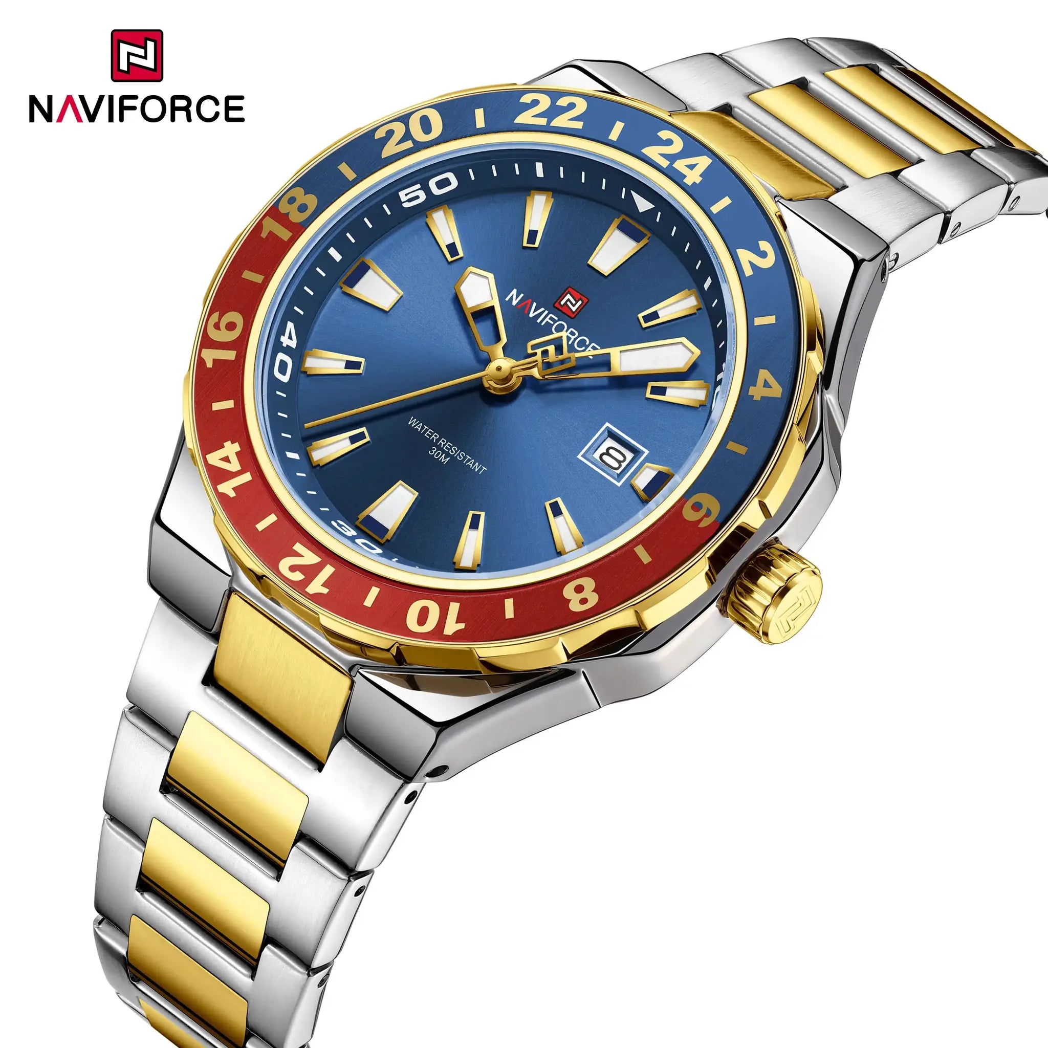 NAVIFORCE men's luxury sport watch with blue dial, gold bezel, red 24h bezel, two-tone stainless steel bracelet