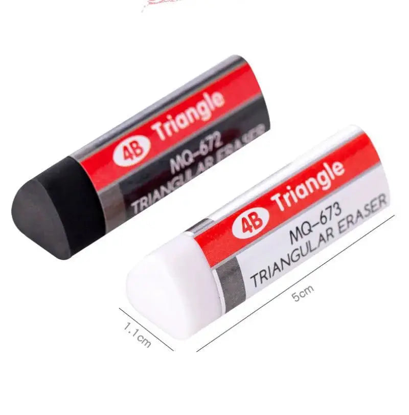 Two triangle erasers (white and black) in red 4B Triangle packaging.