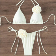 Sexy 3D Flowers Halter Strappy Bikini Women Swimwear Two Piece Swimsuit Set Size S To L For Beach Bathing
