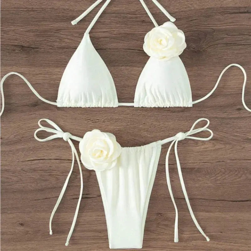 Sexy 3D Flowers Halter Strappy Bikini Women Swimwear Two Piece Swimsuit Set Size S To L For Beach Bathing