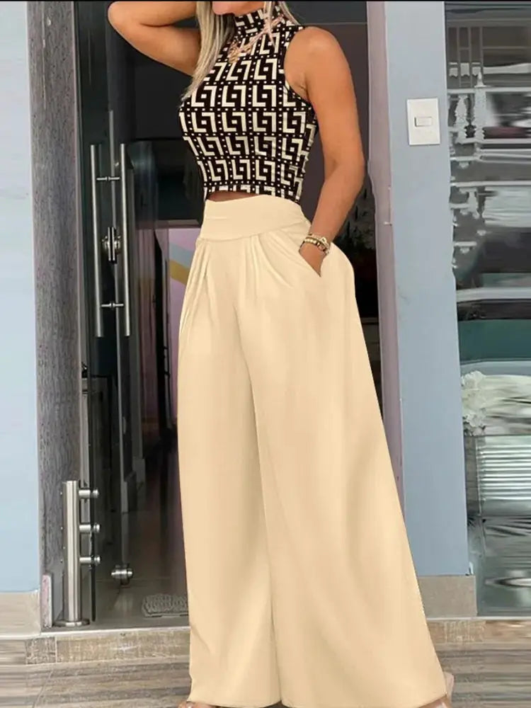 Summer Print Two Piece Set Women Sleeveless Tank Top Wide Leg Pants