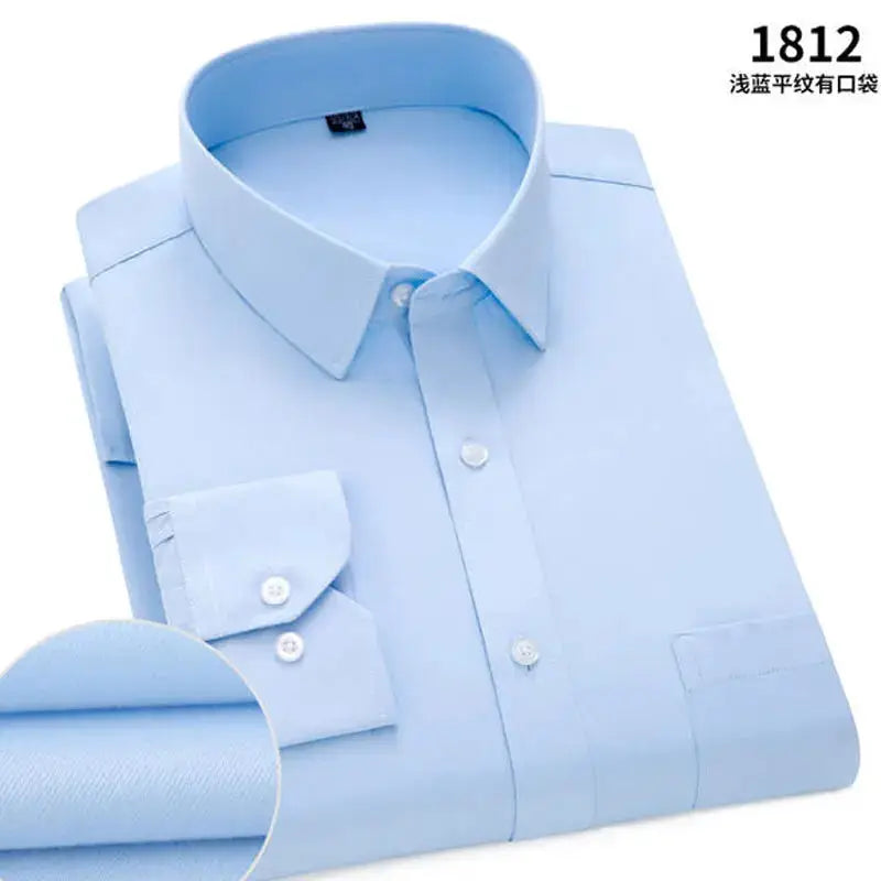 Men's light blue long-sleeve dress shirt, folded with collar and cuffs
