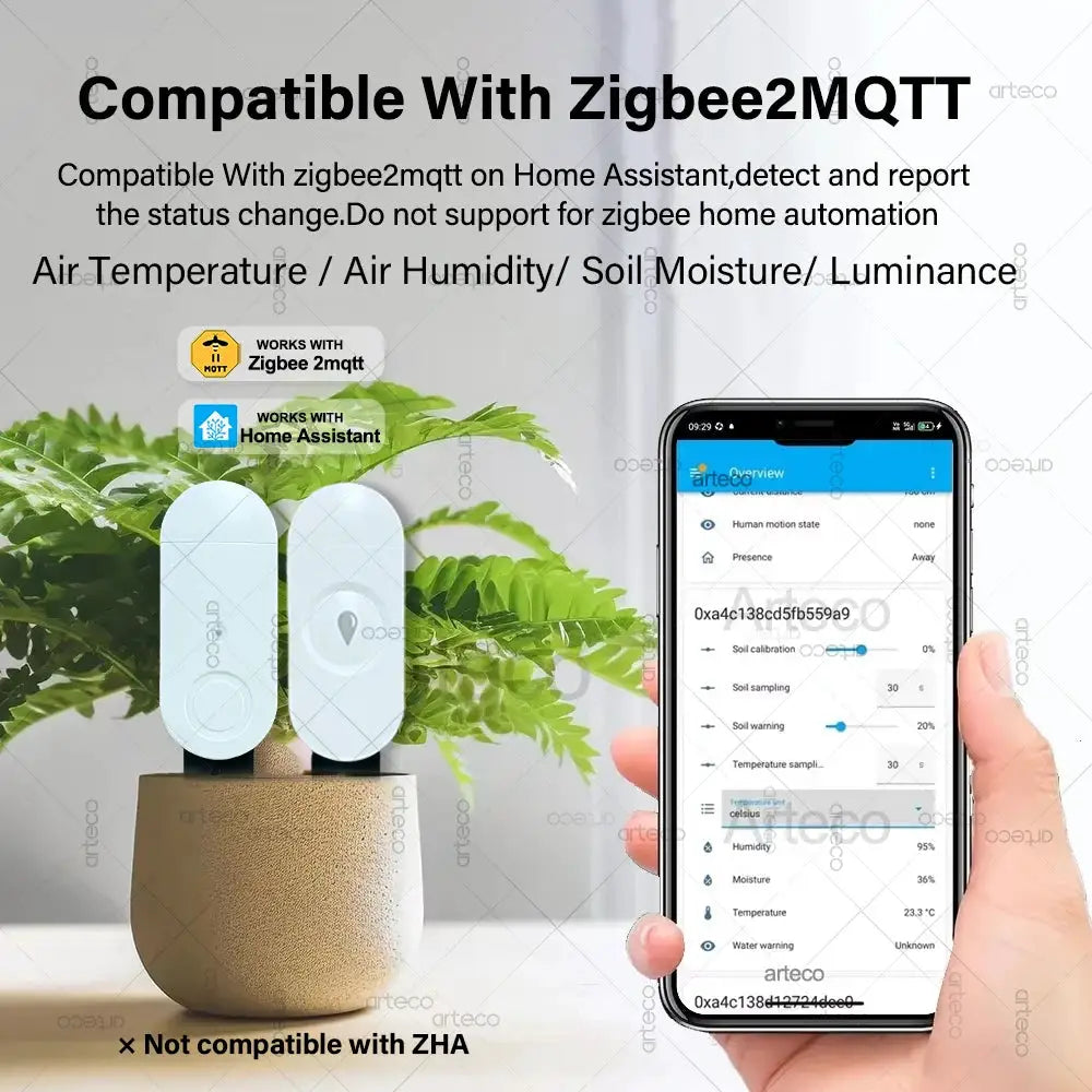 Zigbee soil moisture sensors by Simples Market; white compact units measure temperature and humidity for Tuya app
