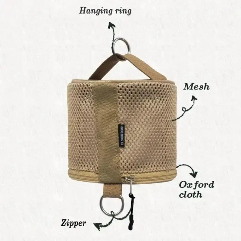 Simples Market outdoor camping tissue case with hook, beige mesh fabric, Oxford cloth strap, and zipper