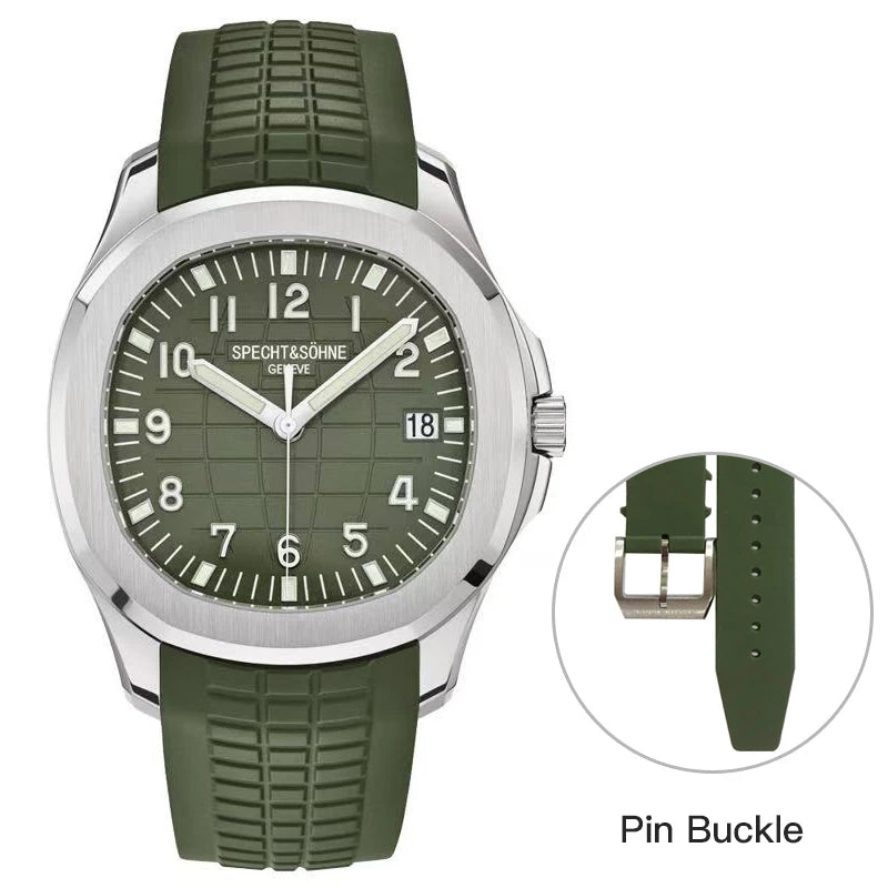 Specht&Söhne green dial automatic wristwatch with stainless steel case and green rubber strap, date window